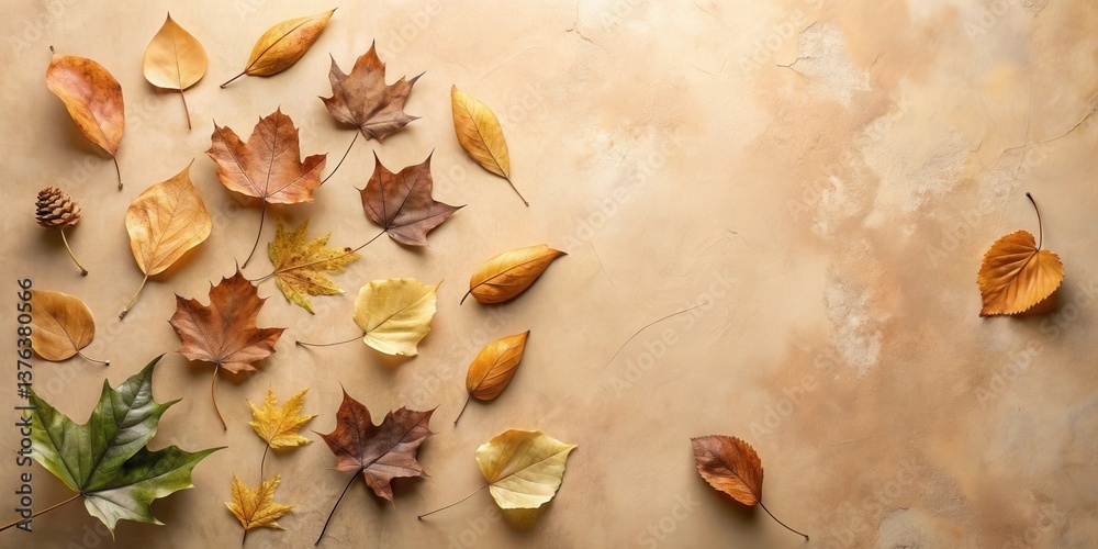 Poster autumnal leaf composition on textured background a collection of dried leaves and a pine cone