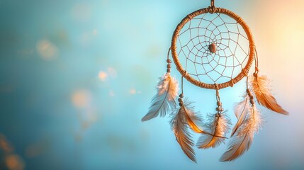 Obraz premium Dreamcatcher adorned with feathers against a blurred ethereal background