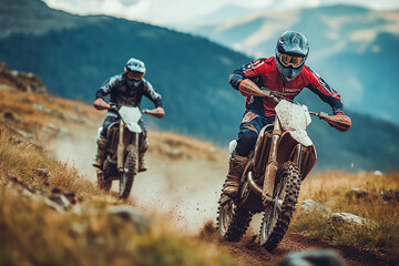 Snow motor riders enduro in the mountains at winter motocross competition	