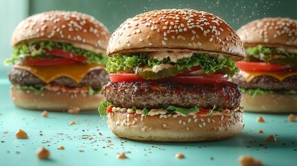 Freshly prepared hamburgers with tasty ingredients on a bright blue surface