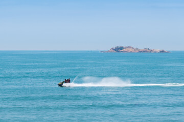 Blue sky and ocean photography with serene horizon