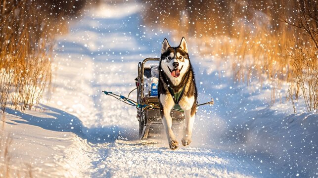 Siberian Husky pulls a rescue sled through a blizzard, carrying medical supplies in an Arctic survival mission. [rescue]:[dogs] Siberian Husky, rescue sled, blizzard, medical supplies, Arctic, 