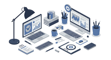 Modern Workplace Setup Isometric Illustration of Desk with Laptops, Monitors, and Data Analytics