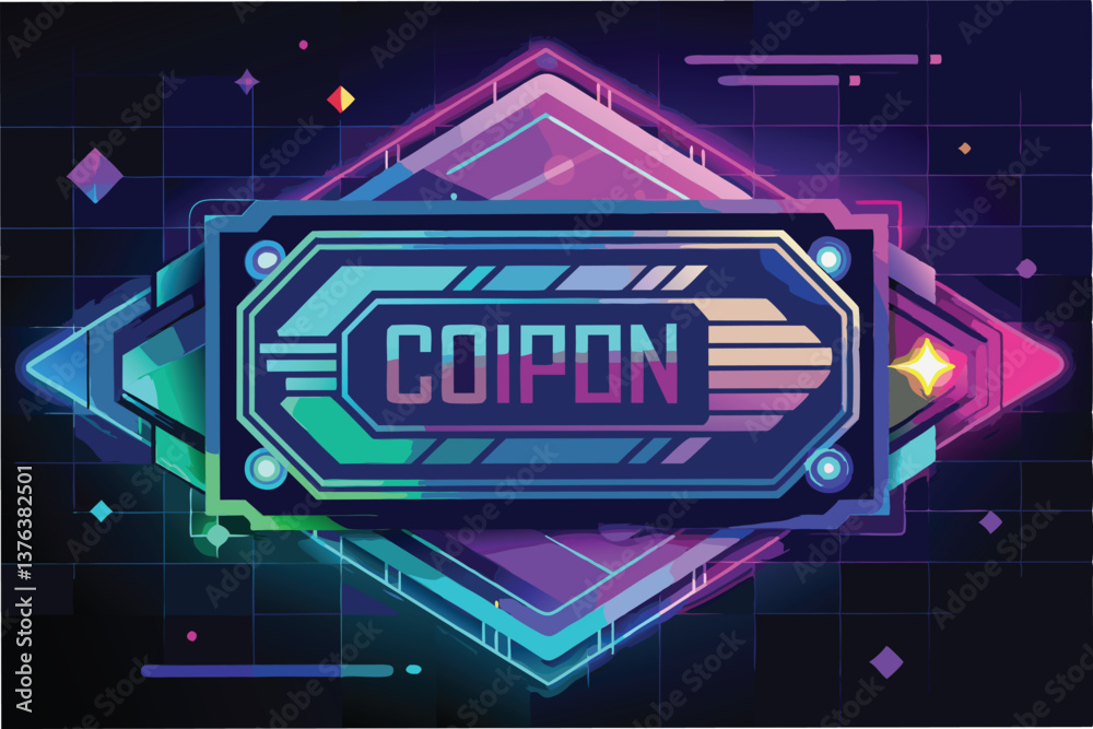 Poster vibrant vector illustration featuring a retro-futuristic design with the text cupon, adorned with ge