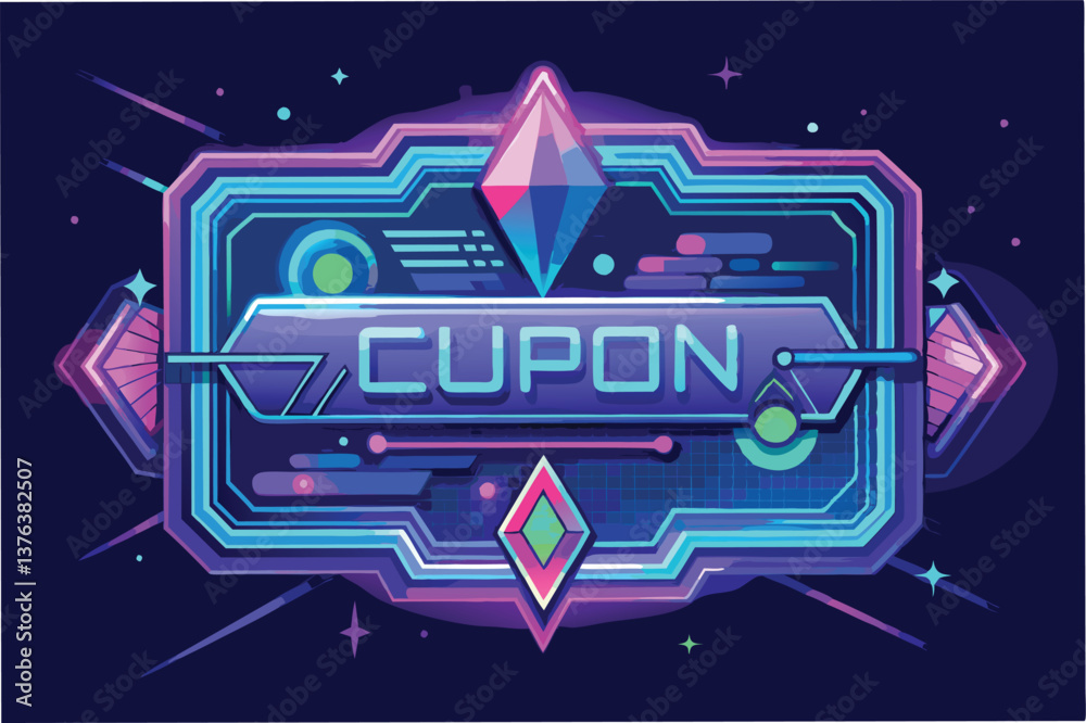Fototapete vibrant vector illustration featuring a retro-futuristic design with the text cupon, adorned with ge