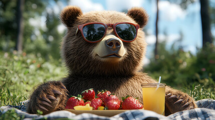 Bear enjoying strawberries and juice while relaxing on a picnic blanket in a sunny forest