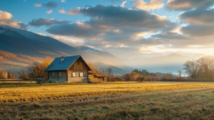 A cozy little house on a farm with mountains in the background during sunrise.