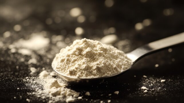 Measuring Spoon Filled with Vanilla Protein Powder