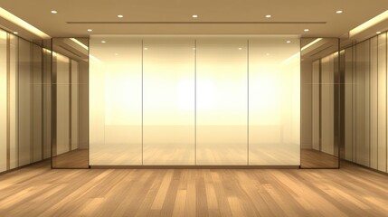 Minimalist interior design showcasing spacious room with light brown hardwood floors, recessed lighting, and large glass partition for separation