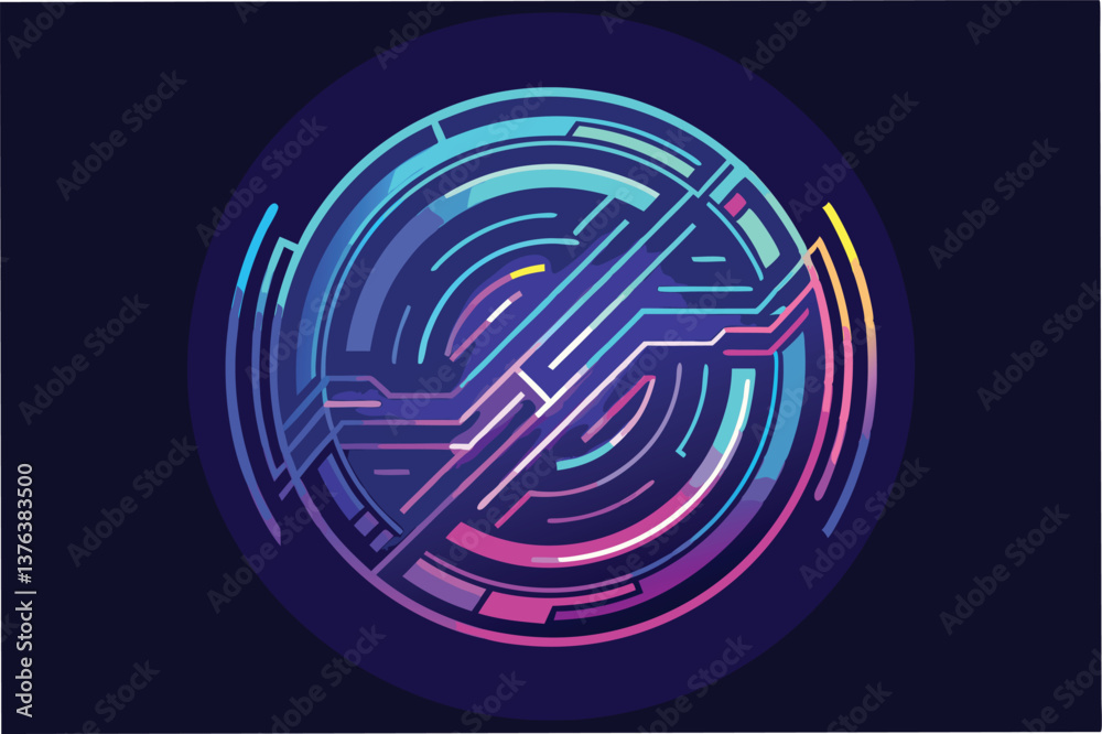 Poster Vibrant circular vector illustration featuring an abstract maze-like design with bright colors against a dark background