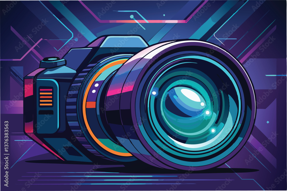 Poster colorful vector illustration of a modern camera against a futuristic backdrop showcasing vibrant hue