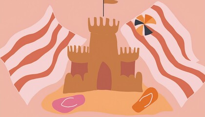 un castillo de arena en la playa con un cubo y una pala, unas chanclas, y una toalla, concepto de veraneo