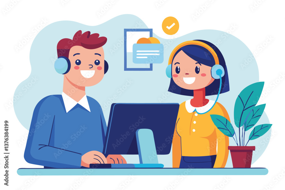 Fototapete Vector illustration of two customer service representatives working at a desk with a computer, engaged in conversation, in a bright office setting