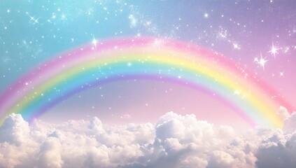 Pastel Sky with Rainbow Above Clouds and Sparkling Stars Fantasy
