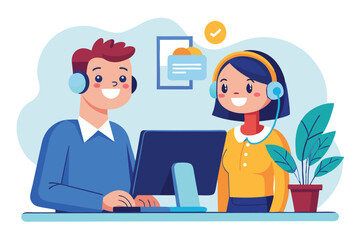 Vector illustration of two customer service representatives working at a desk with a computer, engaged in conversation, in a bright office setting