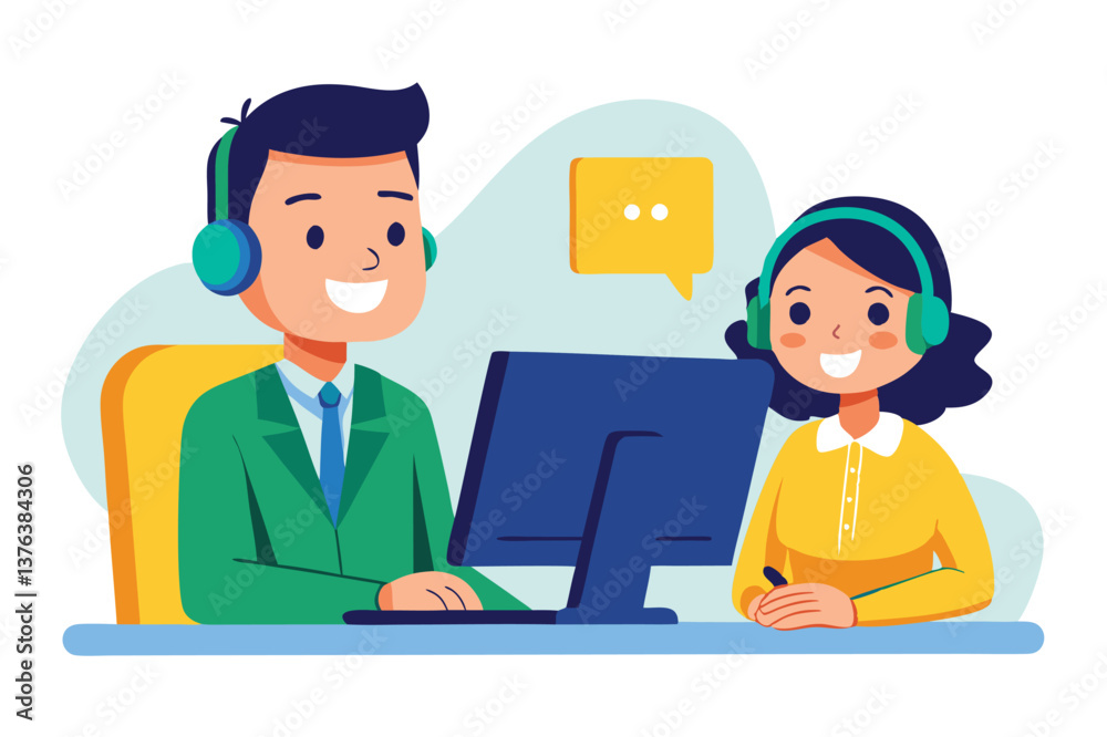 Fototapete vector illustration of two customer service representatives working at a desk with a computer, engag