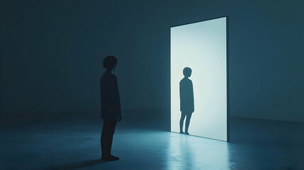 Obraz premium Reflection capturing the essence of self-discovery and identity in a serene, illuminated space