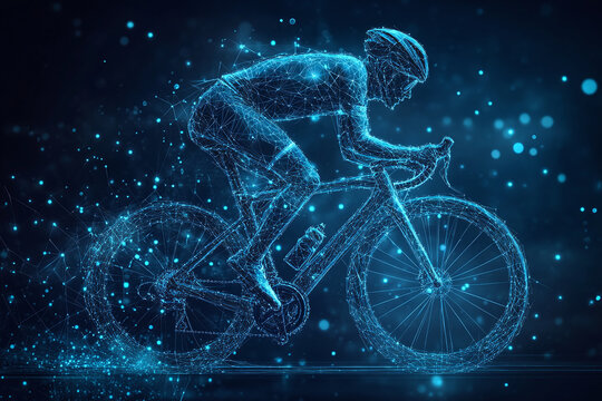 Digital sports technology concept of glowing blue wireframe of a cyclist pedaling bicycle in neon blue light