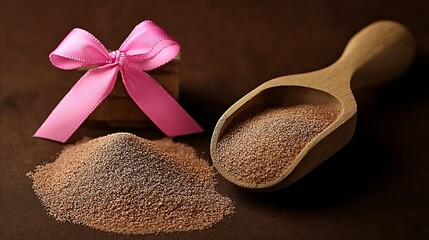 Flavored powder pile w/spoon near cookies gift. Backdrop shows texture. Use recipe, product demo