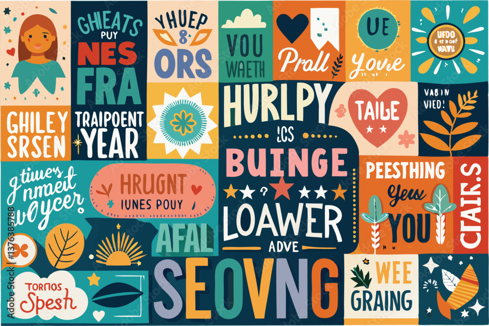 Poster bright and colorful vector illustration featuring playful text, shapes, and designs conveying positi