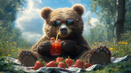 Bear relaxes in sunny meadow while enjoying strawberries and a refreshing drink during warm afternoon