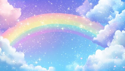 Pastel Rainbow Sky with Clouds and Stars Dreamy Background Illustration