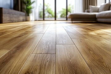 Light wood flooring shines brightly under natural light creating a warm atmosphere in a contemporary living room with elegant furnishings