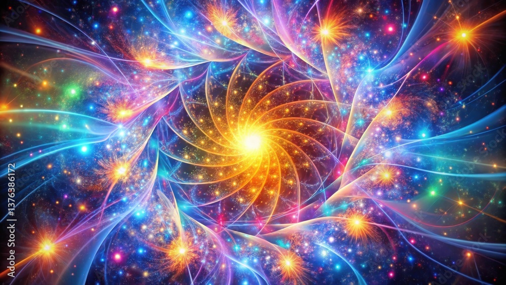 Poster a vibrant swirl of cosmic energy, radiant lights, and ethereal nebulae converge in a breathtaking di