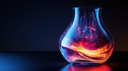 Vibrant Abstract Art Glowing Energy Within a Glass Vase on Dark Background