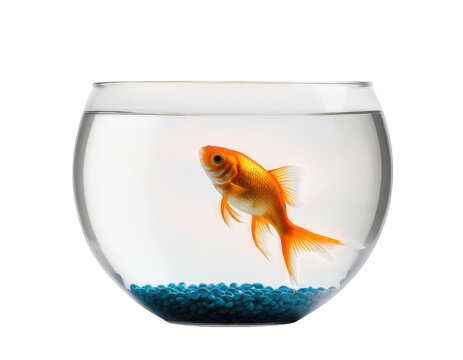 A single goldfish swimming in a round bowl on white background, on transparent background png
