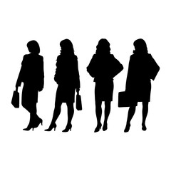 Silhouettes of people, including women, men, children, and families, in a walking crowd with business and fashion themes, vector illustration of diverse individuals and groups