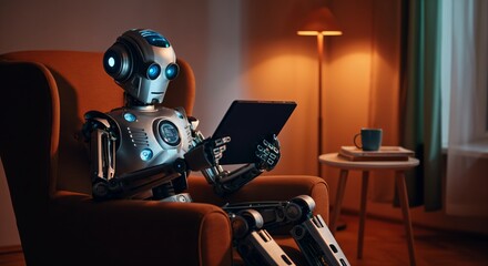 Futuristic robot relaxing with tablet in cozy living room setting