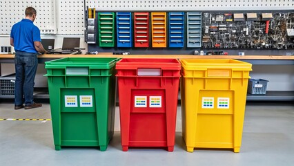 Colorful Waste Bins for Organized Storage in a Workshop Environment