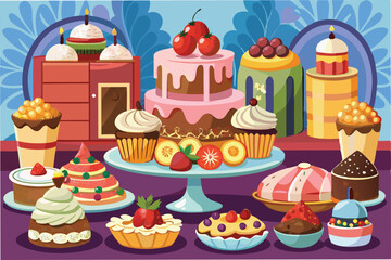 Colorful vector illustration depicting a variety of desserts displayed on a table in a cheerful setting, showcasing cakes, pastries, and sweet treats
