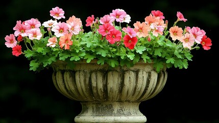 Flowers in stone pot, outdoors with blurred backdrop, possibly for garden decor or floral presentation