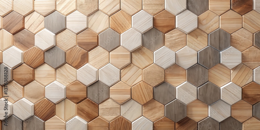 Poster a seamless pattern of hexagonal wooden tiles in varied shades of brown and beige