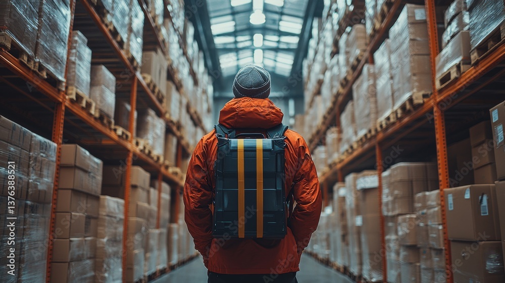 Poster a logistics worker in an orange jacket examines inventory in a large warehouse filled with stacked b