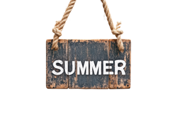 ooden sign hanging on ropes declaring summer isolated on transparent background