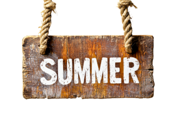 Wooden sign displaying summer isolated on transparent background