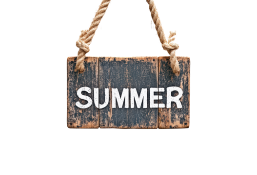 ooden sign hanging on ropes declaring summer isolated on transparent background