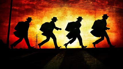 Four figures journey sunset road, exodus, textured background, migration poster