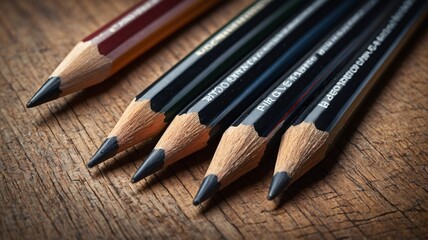 A close-up of five sharpened colored pencils arranged in a row on a wooden surface.