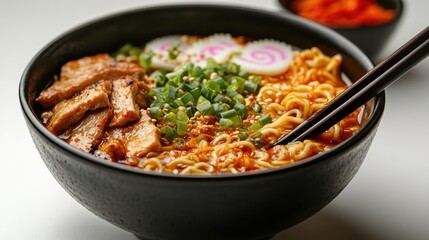 Spicy ramen bowl with meat and toppings beautifully displayed with chopsticks in a flat lay style for a culinary delight
