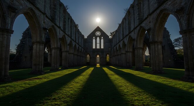 Sunlight streams through the ruins of an ancient abbey casting shadows on the green grass