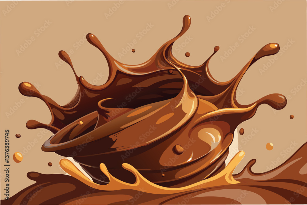 Poster chocolate splash illustration capturing dynamic movement and rich color, perfect for culinary themes