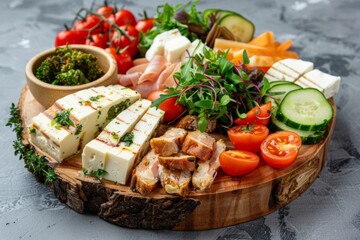 Healthy food for balanced flexitarian Mediterranean diet concept on a wooden platter
