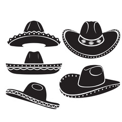 set vector various Mexican sombrero hat, cowboy charro hat, charro hat silhouettes