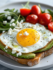 egg and avocado toast on a white plate with an arugula salad, red cherry tomatoes, and feta cheese sprinkled over the avocados