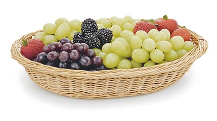 Fresh fruit basket, grapes, berries, studio shot, white background, healthy snack