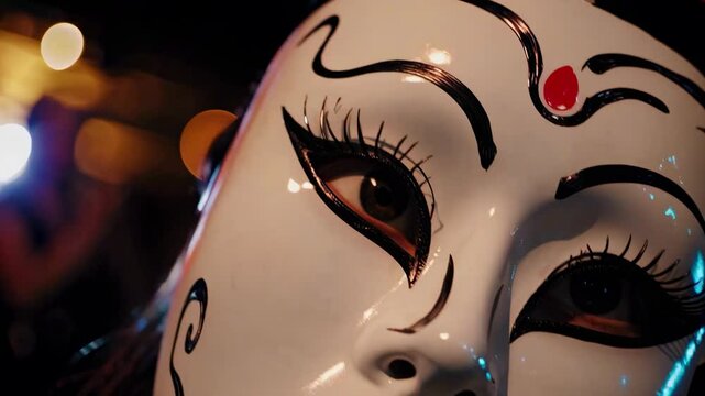 White theatrical mask with red gem in dramatic lighting. Performance arts, phantom opera aesthetics & venetian masquerade culture, a dark mystical setting.